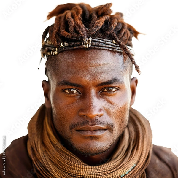 Fototapeta Front view close-up of a Himba man from Namibia isolated on a white transparent background