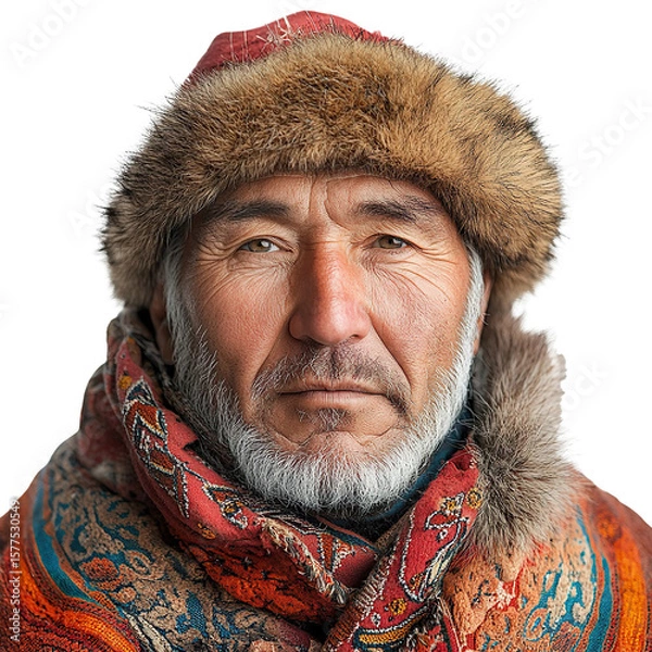 Obraz Front view close-up of a Kalmyk man from Russia isolated on a white transparent background