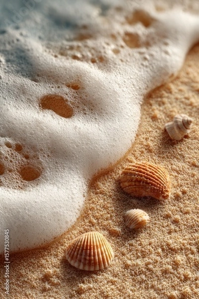Fototapeta Foamy Waves and Shells on Sandy Beach, Nature Texture Macro