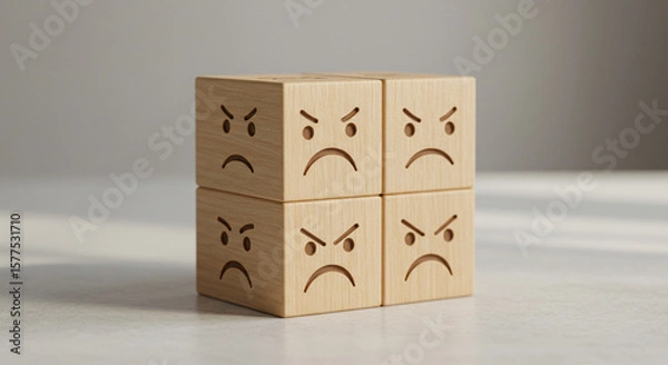 Fototapeta wooden emotion rating cube. Wooden blocks with negative emotion emojis representing dissatisfaction.