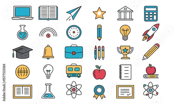 Fototapeta School and education icons set with business technology and media symbols illustration