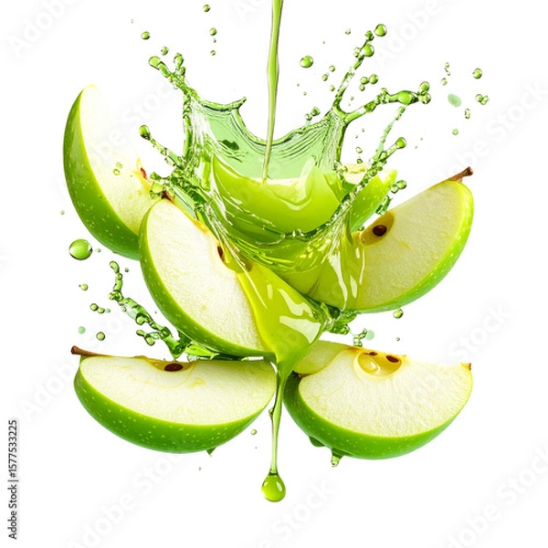 Fototapeta Green apple slices with juice splash