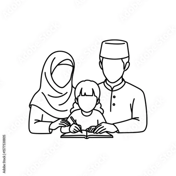 Fototapeta Family with child reading book together in shared moment