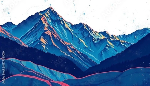 Obraz Abstract vector mountain landscape with line art, dotted, pen, pencil, halftone, grunge textures,  range,  peak