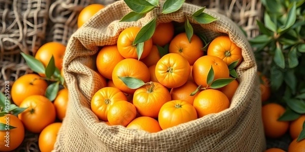 Obraz A burlap sack overflowing with bright, juicy oranges,  organic,  harvest
