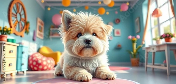 Obraz A hyperrealistic digital painting of a fluffy dog in a bright, whimsical studio setting,  illustration,  soft