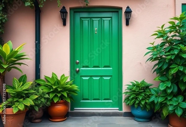 Obraz A vibrant green door flanked by lush green potted plants,   design,   green theme