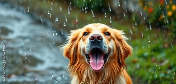 Obraz Golden retriever, rain, happy, playful, joyful, wet fur, nature, freedom,  outdoors,  dog