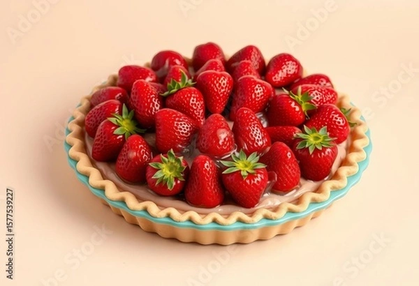 Obraz Juicy strawberry pie, glazed crust, turquoise plate, beige backdrop,  dessert,  fruit