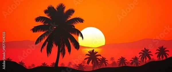 Obraz Layered paper cut palm tree silhouette against vibrant orange sunset, tropical landscape,  card,   digital