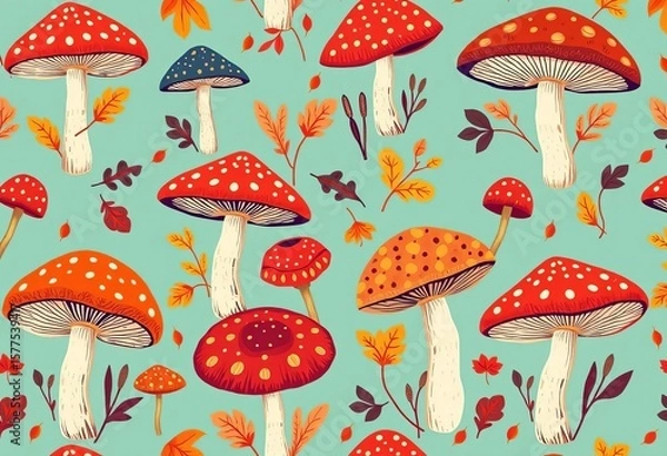 Obraz Whimsical autumn mushroom pattern in vibrant jewel tones, perfect for textile & wallpaper, colorful, orange