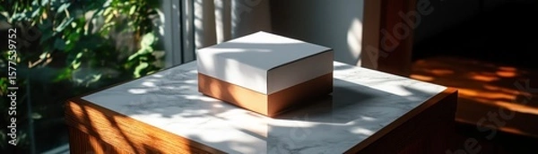 Fototapeta Modern minimalist box design on a table with natural sunlight shadows