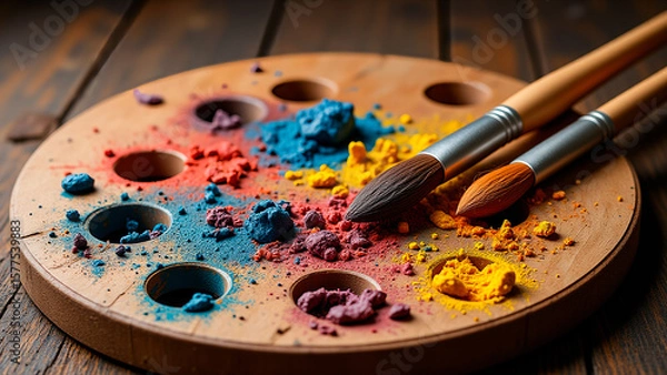 Fototapeta A wooden palette with paint and brushes on a wooden table.