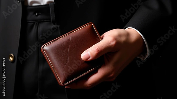 Fototapeta A man in a suit holding a brown wallet.