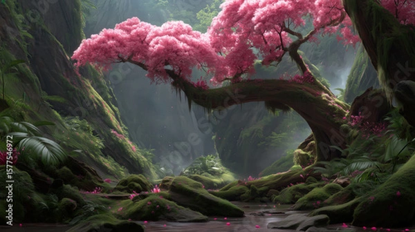 Obraz Fantasy forest scene with vibrant pink trees arching over a mossy path and glowing light filtering through the mist