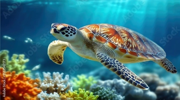 Obraz A sea turtle glides gracefully above vibrant coral and fish in clear ocean water with sunlight streaming through