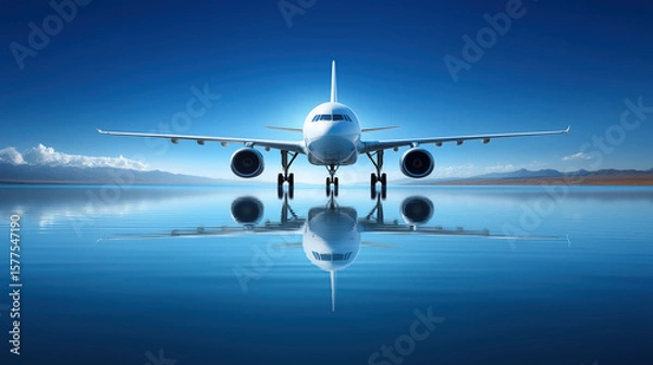 Obraz Front view of a white airplane with clear reflection on still blue water, set against distant mountains and deep blue sky