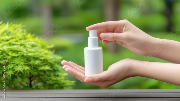 Obraz Close-up of hands using a blank white spray bottle with green plants and blurred nature background