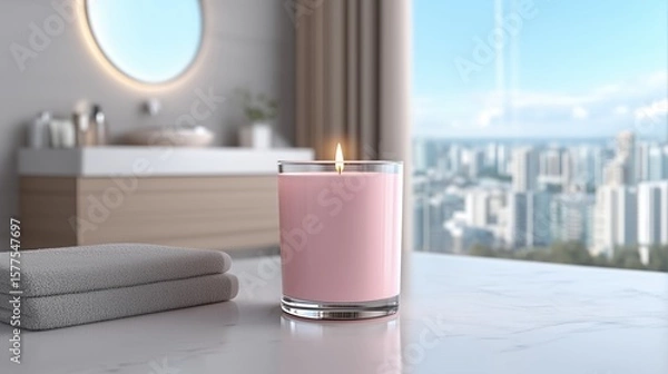 Obraz Lit pink candle in a glass jar on a white counter with towels in a modern bathroom overlooking a cityscape