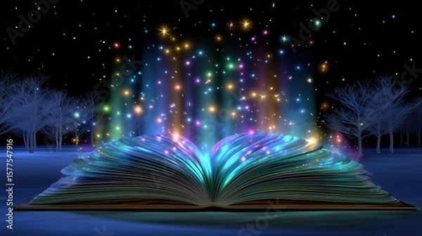 Obraz Open glowing book with colorful lights and stars rising in a fantasy night forest with bare trees and starry sky