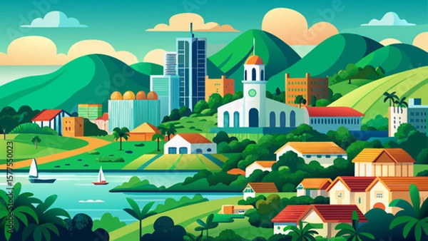 Obraz Libreville, Gabon – Green hills, white churches, and modern buildings line this Atlantic city. Rainforests peek through urban sprawl in a calm and colorful coastline.