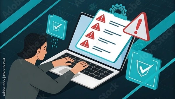 Obraz Woman working on laptop with alerts and checklist