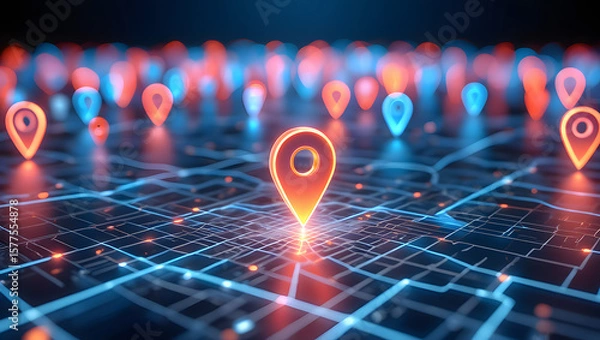 Obraz Futuristic Digital Map with Glowing Location Pins and GPS Navigation Technology for Smart Cities