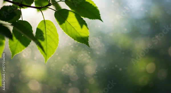Fototapeta Green Leaves Behind Blurred Frosted Glass. Lush Green Leaves Illuminating Through Soft Light. Close-up view of vibrant green leaves on branches, bathed in soft, diffused light.