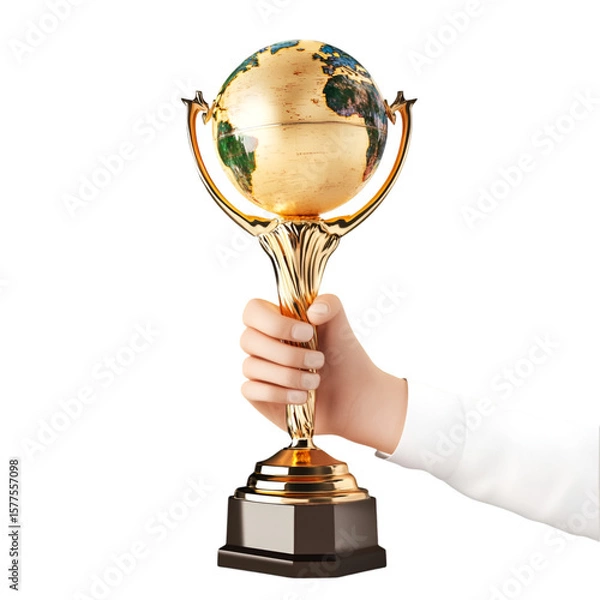 Obraz A gleaming golden globe trophy held aloft symbolizes global achievement on a stark black backdrop, perfect for awards or success conceptual designs, transparent background