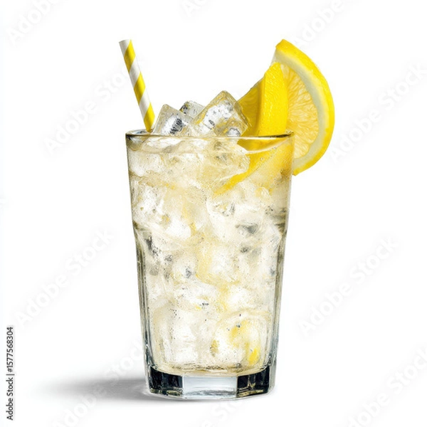 Fototapeta Refreshing lemon piece drink with ice makes you feel cool and revitalized, perfect for hot day, and straw offers delightful taste