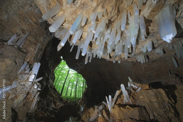 Obraz Majestic crystal formations hang from a cave ceiling illuminated by green foliage in daylight. Generative AI