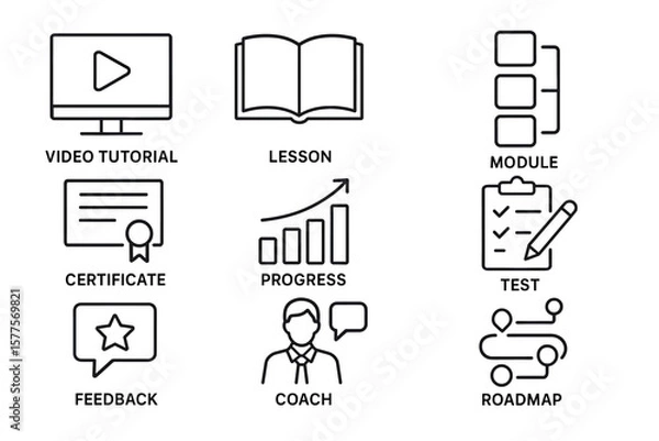 Fototapeta Educational icons: video tutorial, lesson, module, certificate, progress, test, feedback, coach, roadmap