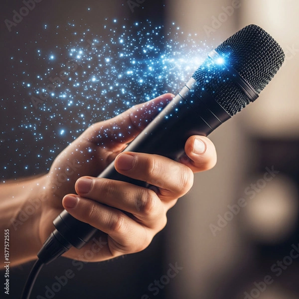 Fototapeta A microphone in a human hand with glowing sparkles. Hand Holding Microphone with Sparkling Effect in Neon Light.