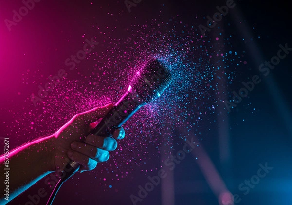 Fototapeta A microphone in a human hand with glowing sparkles. Hand Holding Microphone with Sparkling Effect in Neon Light.