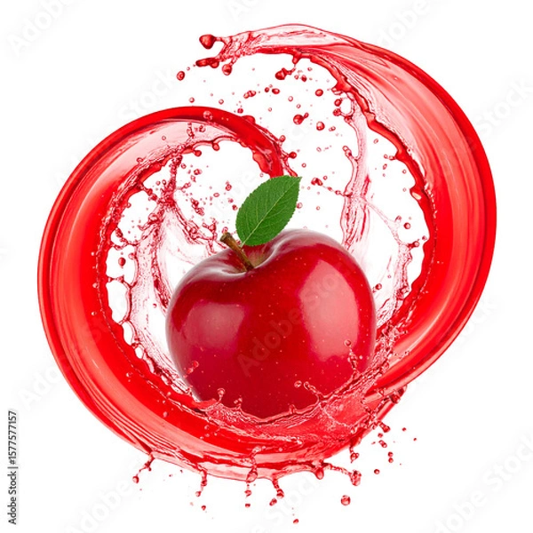 Fototapeta Red apple with juice splash image for beverage advertisement