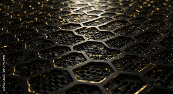 Fototapeta Dark Metallic Mesh Texture with Gold Accents vector. Modern Abstract Background with Gold Accents. A sophisticated abstract background design featuring a dark black backdrop with a subtle textured.