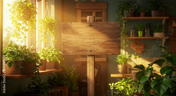 Fototapeta Blank big white Wooden Signpost on a room with rays and plants. Blank Wooden Sign in a Sunny Room with Lush Plants. a rustic wooden sign, perfect for custom messages or branding.