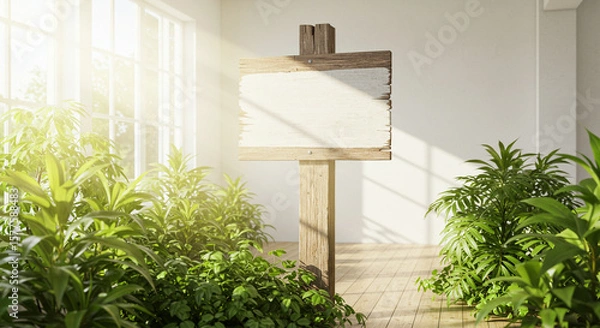 Fototapeta Blank big white Wooden Signpost on a room with rays and plants. Blank Wooden Sign in a Sunny Room with Lush Plants. a rustic wooden sign, perfect for custom messages or branding.