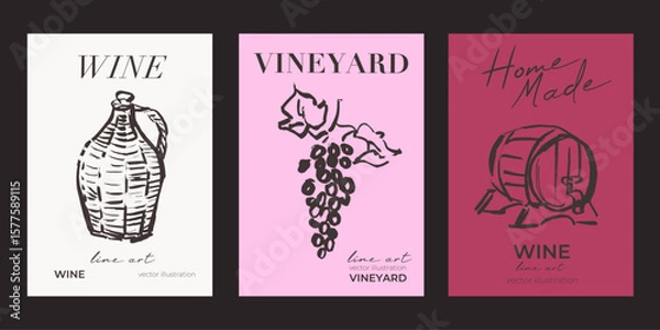 Obraz Line art poster templates, wine making illustrations, hand drawn design elements