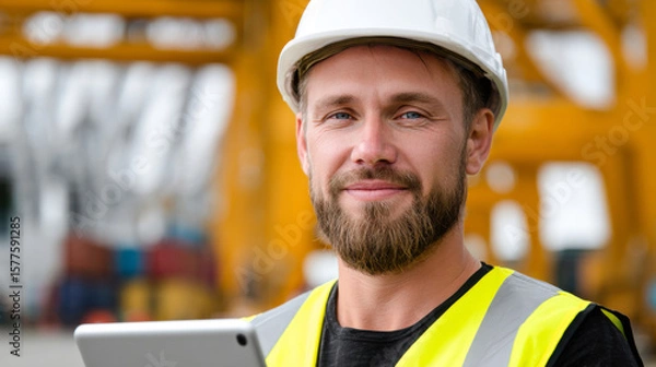 Fototapeta Confident logistics engineer wearing safety gear, holding tablet, smiling at container terminal