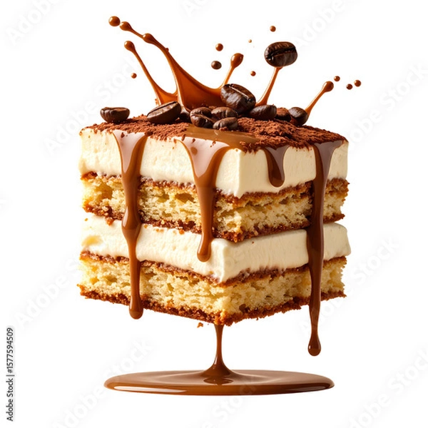 Fototapeta Tiramisu dessert photography close up with drizzle chocolate sauce