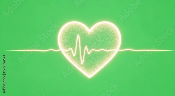 Fototapeta Glowing heart with a vibrant pulse line symbolizes health and vitality against a green backdrop.