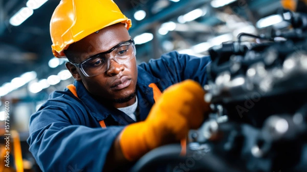 Fototapeta Maintenance engineer works large engine with focus and precision, showcasing dedication and skill vibrant workshop environment