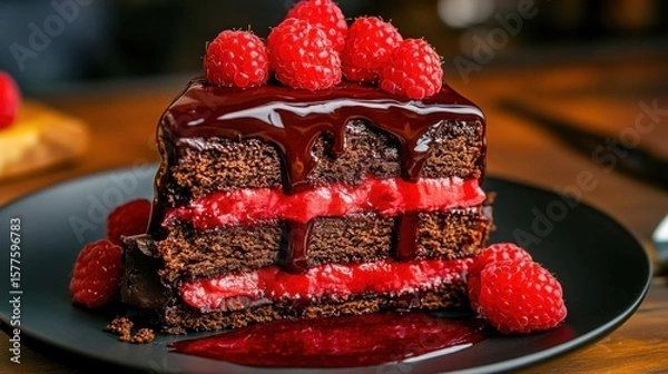 Fototapeta Rich Chocolate Cake with Raspberries and Glossy Ganache Sauce