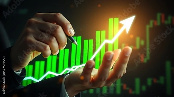 Fototapeta Hands holding glowing green financial growth chart with upward arrow graph
