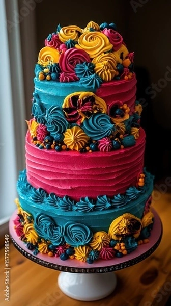 Fototapeta Colorful Three-Tier Cake with Vibrant Decorative Frosting Swirls