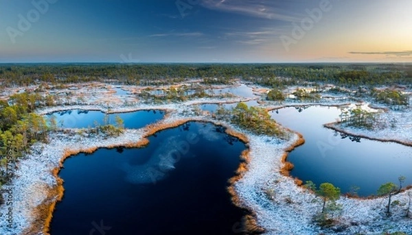 Fototapeta aerial view to the bog lakes with the first ice and night frost in kuresoo bog soomaa national park