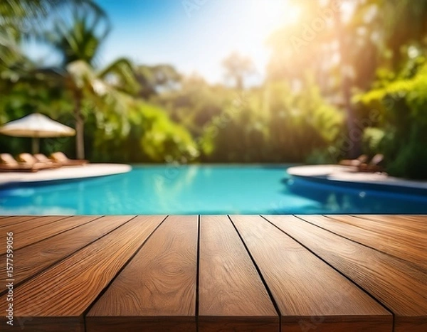 Fototapeta art empty wooden table on sunny blurred tropical pool background outdoor party mockup for design and product display