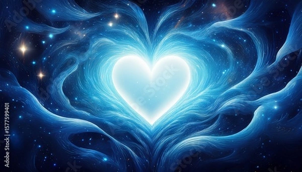 Fototapeta a single white heart amidst a blue nebula shimmering lights space ethereal vortex