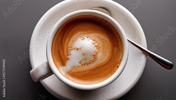 Fototapeta coffee cup from above espresso foam texture creamy coffee rich freshly brewed cup of hot latte top view of cappuccino milk foam closeup creamy coffee macro shot on a grey table top view